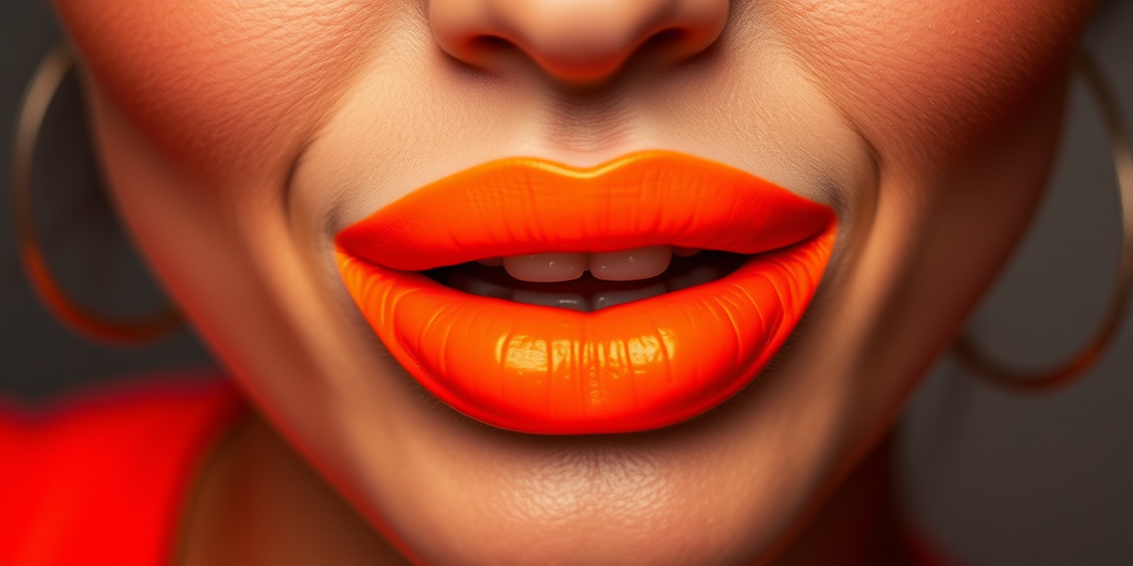 Fierce neon orange lips with a matte finish, vibrant and energetic, demanding attention and radiating confidence