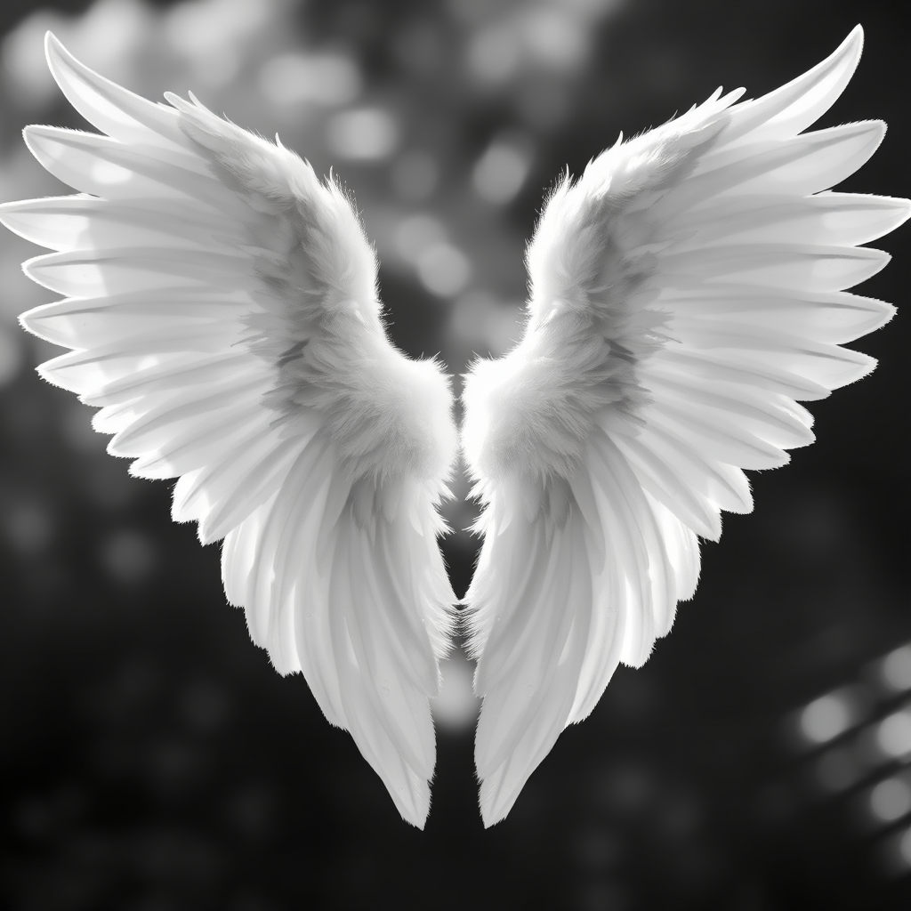 high-resolution image of angel wings in black and white, soft focus, natural light, DSLR camera, f/2.8 aperture, 50mm lens, ISO 100, high dynamic range, centered composition