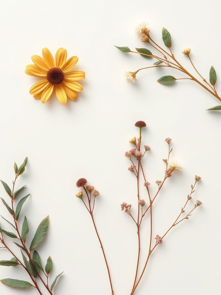 Create a minimalist design featuring delicate botanical elements in muted colors against a light background, using a 50mm lens, aperture f/2.8, ISO 100, shot in natural light with a flat lay composition.