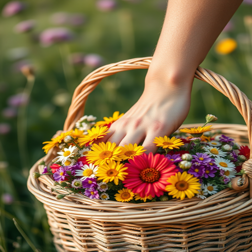 Close-up of a hand reaching into a wicker basket filled with vibrant wildflowers, soft natural lighting, f/2.8 aperture, 50mm lens, 1/200s shutter speed, shallow depth of field, shot with a DSLR camera.