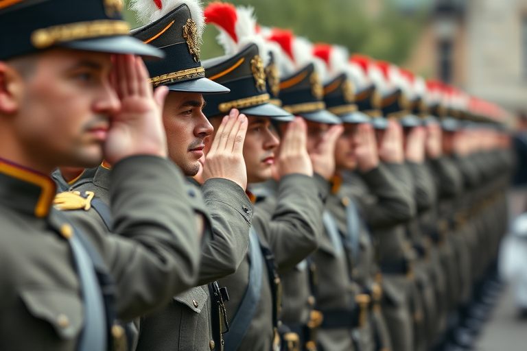 Regenerate an image of historical soldiers in a line formation, dressed in traditional military uniforms with plumed hats, showing a respectful salute; use a DSLR camera with a 50mm lens, aperture f/2.8 for shallow depth of field, ISO 100 for clarity, and a slight tilt-shift effect to enhance focus on the soldiers while blurring the background.