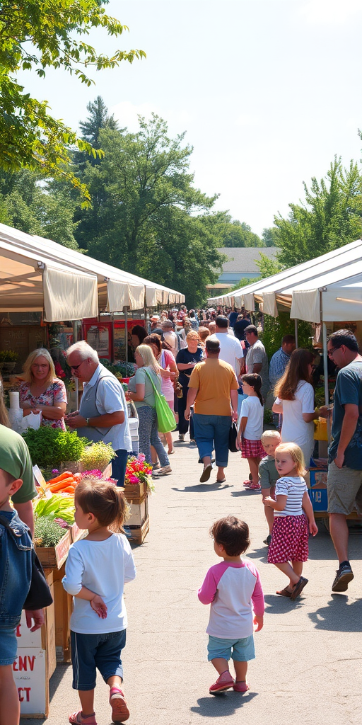 Bustling farmers market, with vendors selling fresh produce, flowers, and homemade goods, families interacting, and children enjoying activities, all set against a sunny backdrop.