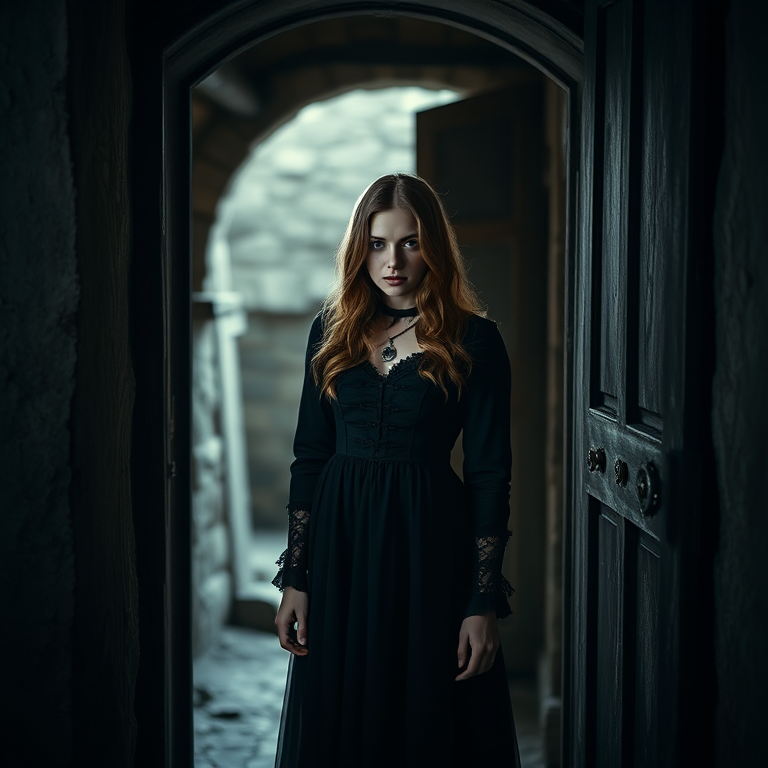 portrait of a woman in a dark gothic dress standing in a rustic doorway, soft diffused light, shallow depth of field, ISO 100, f/2.8, 85mm lens, DSLR camera, high dynamic range, moody atmosphere