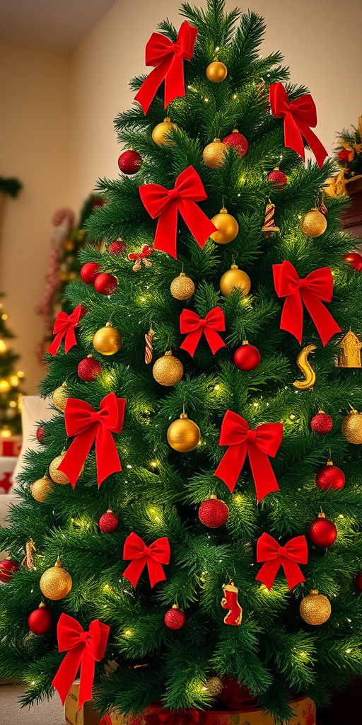 Generate an image of a beautifully decorated Christmas tree. The tree should be lush and green, adorned with bright red bows, colorful ornaments, and twinkling white lights. The setting should have a warm, cozy atmosphere, with soft lighting and a hint of holiday decorations in the background.