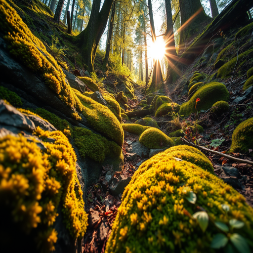 Create a lush forest scene featuring vibrant moss-covered rocks and plants bathed in warm sunlight, captured with a DSLR camera at f/2.8 aperture, ISO 100, 50mm lens, in a wide-angle perspective to enhance depth and detail.