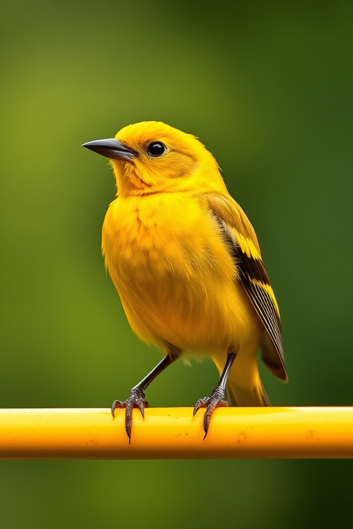 Create a high-quality illustration of a vibrant yellow bird perched on a yellow bar, using a Canon EOS 5D Mark IV with a 50mm f/1.8 lens, soft lighting, natural background, taken from a close-up angle to enhance colors and details.