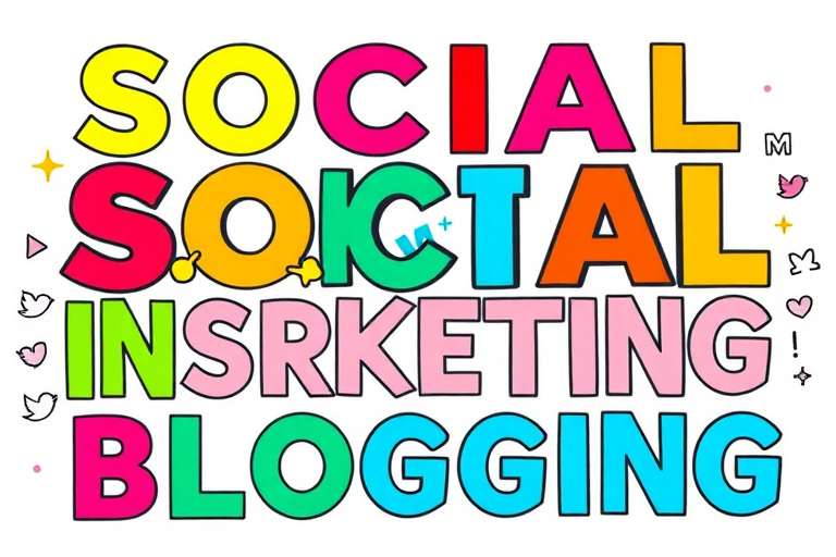 Create an illustration of colorful social media-related words such as "SOCIAL," "MARKETING," "INSTAGRAM," "TWITTER," and "BLOGGING," with a vibrant, modern aesthetic, using a Canon EOS R5, 50mm lens, f/1.8 aperture, ISO 100, natural light, sharp focus, minimal background distraction.