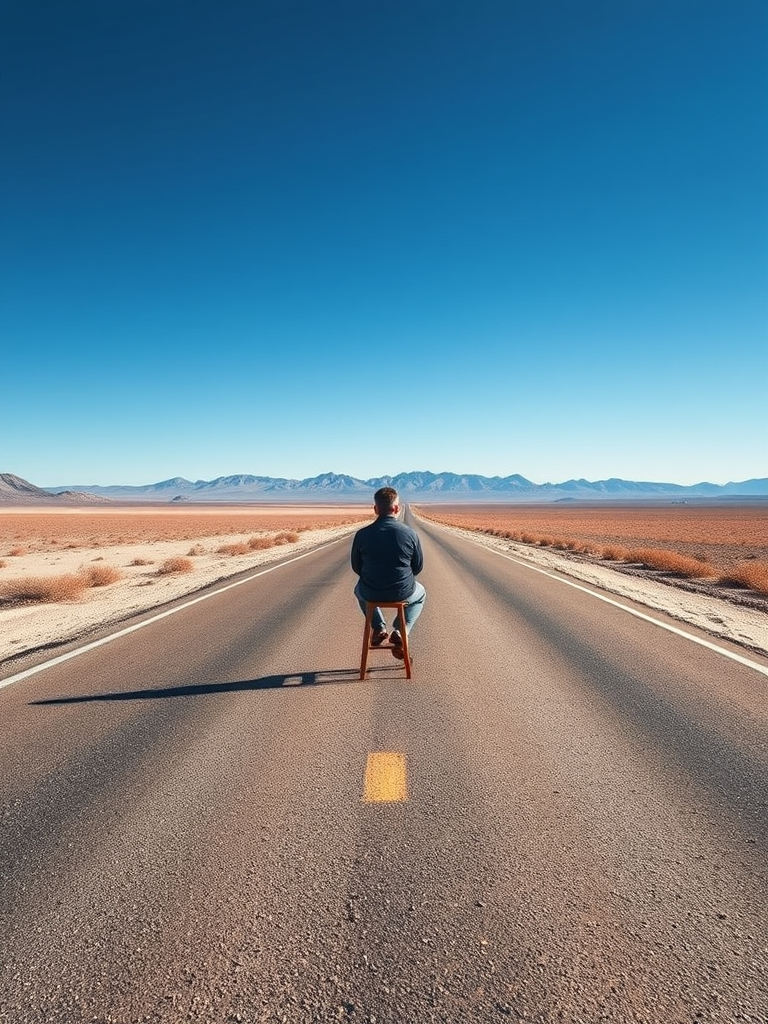 Capture a solitary figure sitting on a stool beside a deserted road in a vast desert landscape, with distant mountains under a clear blue sky; use a DSLR camera with a 50mm lens, aperture f/8, ISO 200, and a focal length of 24mm for a sharp depth of field.