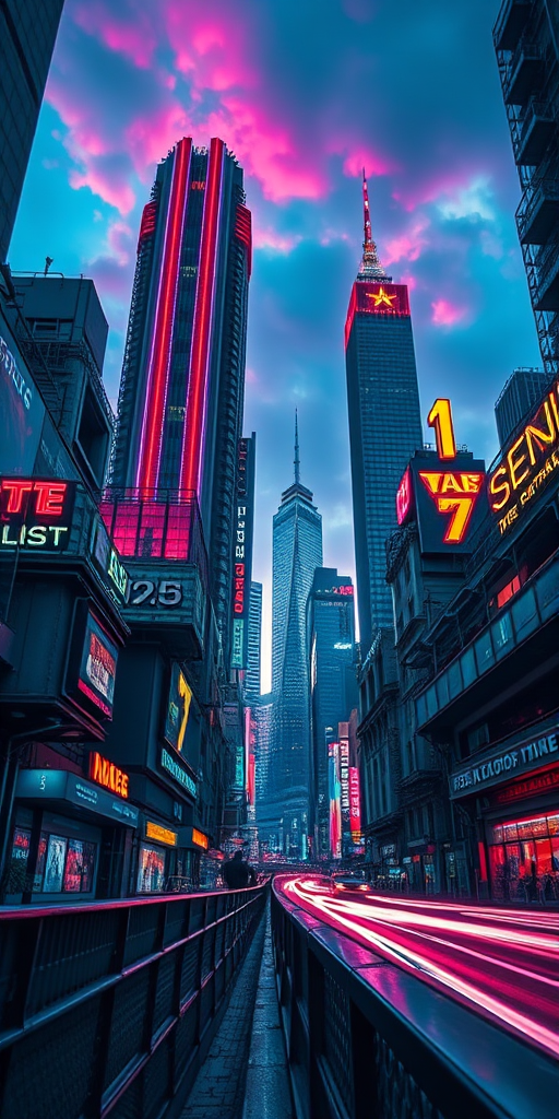 Generate a high-resolution digital artwork featuring a futuristic cityscape at dusk, with vibrant neon lights and detailed architecture, captured from a low-angle perspective using a DSLR camera, ISO 100, f/8 aperture, 24mm lens, and a long exposure to enhance light trails in the scene.