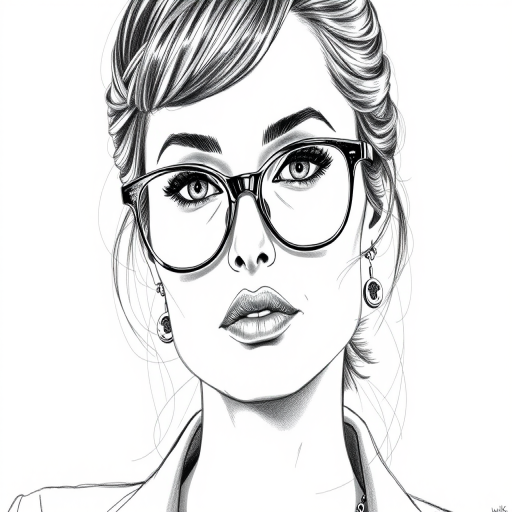Beautiful Angelina Jolie, pencil sketch, portrait of beautiful woman 60s in glasses, hair style beatnik, outline, clear lines, fine lines, 8k