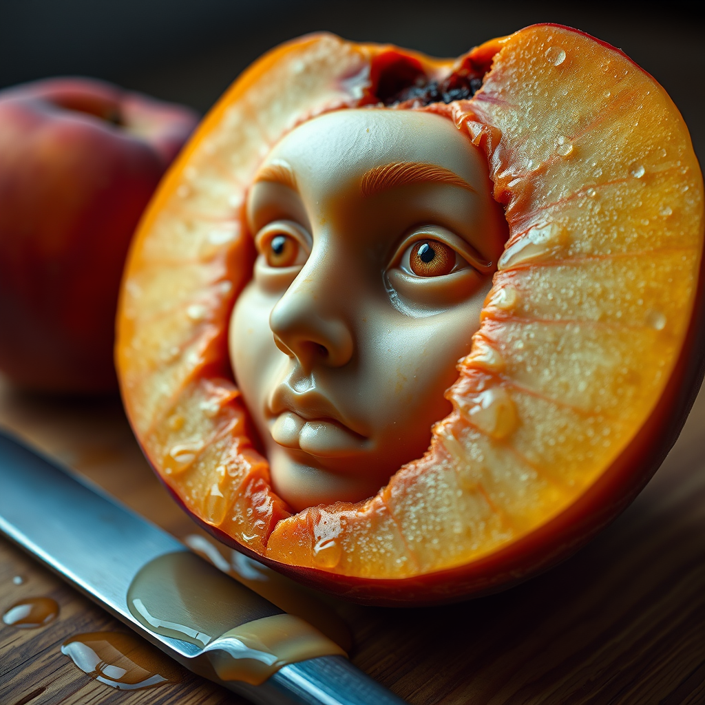 A hyperdetailed photorealistic macro color saturated high resolution image of a peach cut in half, with the peach pit being a highly detailed sculpted woman's face with her eyes open and peach-colored irises. The face has a marble texture. The image includes condensation, moisture, and peach juice. The peach is on a wooden cutting board with a small fruit knife nearby, also covered with juice.