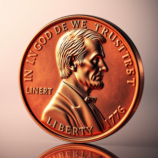 Generate a highly detailed digital rendering of a penny featuring a side profile of Abraham Lincoln, with the text "IN GOD WE TRUST," "LIBERTY," and "1776" clearly visible, set against a soft gradient background; use a 50mm lens at f/2.8 for sharp focus, ISO 100 for high image clarity, with a 1/100 sec exposure to capture fine details, employing a studio lighting setup to enhance reflections and texture.