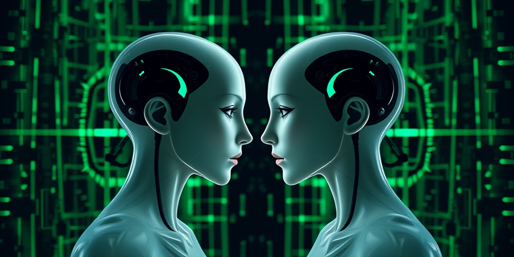 Create a symmetrical composition featuring two stylized humanoid heads facing each other against a digital abstract background with green and black grid patterns, captured with a Canon EOS R5, 35mm lens, aperture f/8, ISO 100, with a shallow depth of field for enhanced detail and clarity.