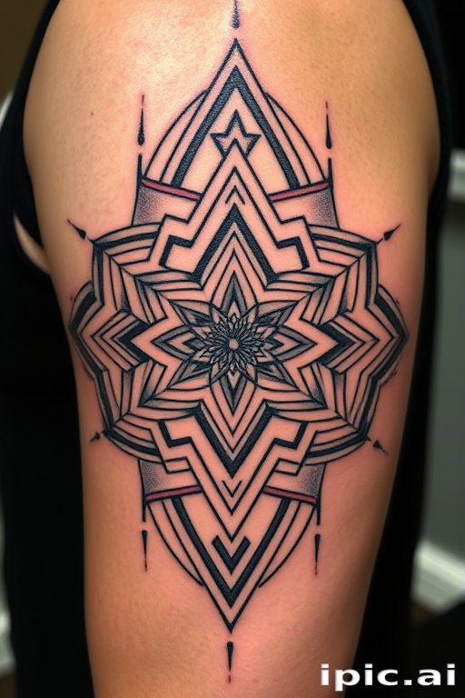 Geometric tattoo named "Sacred Symmetry" featuring interlocking shapes and patterns forming a complex three-dimensional design, incorporating optical illusions and precise linework