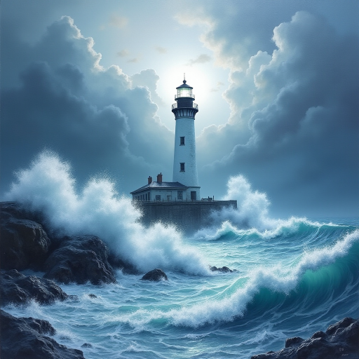 A highly stylized white oil painting with texture of paint that adds depth and movement to the dramatic setting, with primary palette colours of White, light gray-white and Aqua. a lighthouse shining in the stormy night, with tall crashing foamy waves & sea mist around it. captured with dramatic brushstrokes, dramatic white brushstrokes to create depthand dimension with dramatic, cinematic effect. White light effects with moody storm clouds.