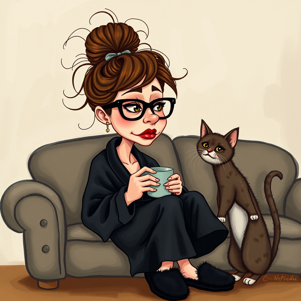 An exaggerated whimsical illustration of a cute silly lady with unruly messy brown bun and black glasses pouty lips and a thinking expression. Shes sitting on the couch, legs folded wearing a black silk robe, black fuzzy slippers. She’s holding her coffee cup and making a deep-in-thought face.  A quirky scruffy cat (dog) looking at her against a mottled, oil painting style soft background living room setting.