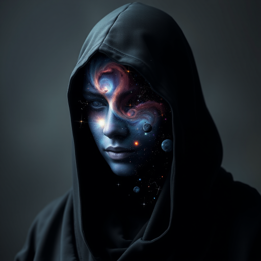 A mysterious hooded figure stands silently, the dark cloak flowing around them like shadows. Beneath the hood, their face is a mesmerizing cosmic scene where swirling galaxies, radiant stars, and vibrant planets form the features. Nebulas drift where eyes should be, glowing softly, while delicate streaks of cosmic energy trace the outlines of a nose and lips. Comets streak across the vastness of their face, and faint constellations pulse with life. The entire visage shifts and evolves as if the universe itself is contained within the figure, giving an ethereal, otherworldly presence to their form.