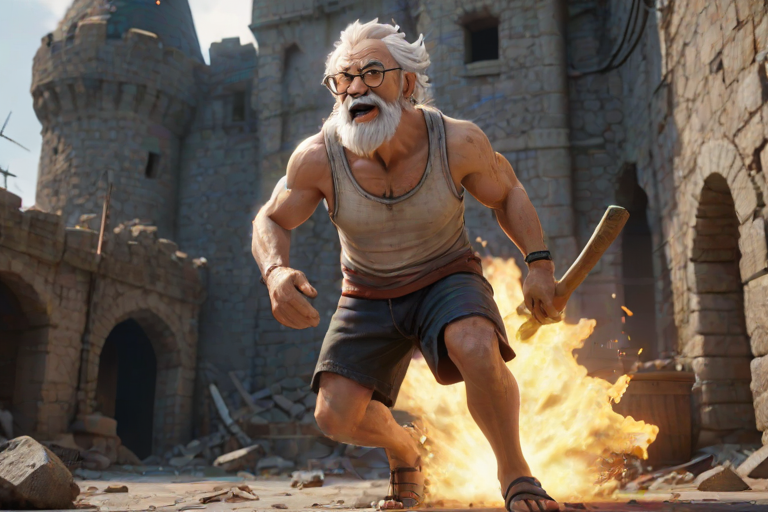 Cartoon 3D High-Resolution,dynamic battle scene using Unreal Engine 5 and Octane Render. The scene features back of an elderly, thai man with a beard,messy hair and round golden-rimmed glasses. He is wearing a tattered tank top with soot marks, shorts, and sandals. sweating. he wields a baseball bat. He jump to fight with a white fire-breathing Europe dragon amidst a partially destroyed stone castle. Include intense flames, smoke, and debris to enhance the dramatic effect.