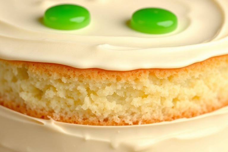 A close-up of a layered vanilla cake with smooth frosting on top and two green candy decorations on the surface, showing the texture of the cake and filling.