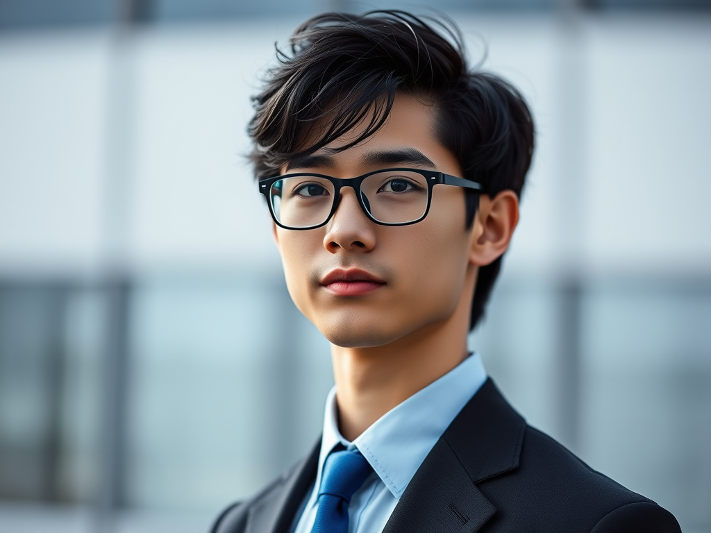 Create a hyper-realistic portrait of a young man with wavy black hair and glasses, wearing a dark suit and a blue tie, shot in 85mm focal length, ISO 100, aperture f/1.8, natural light, DSLR camera, with a soft focus background for depth.