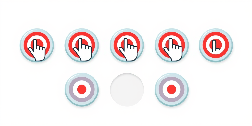 Create a high-resolution digital illustration of six circular buttons, each button featuring a finger clicking on a red target symbol, with a clean and modern design, use a Canon EOS R5 camera at f/8 aperture, ISO 100, and 1/250s shutter speed, ensuring vibrant colors and sharp details against a transparent background.
