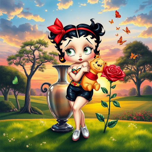 Luxury 3D HD realistic watercolor oil painting. Betty Boop with black hair in two messy buns. Red headband with big bow. He wears black shorts with a colorful t-shirt. White sneakers. She is standing hugging winnie the pooth next to a large vase with a tall red rose, There are trees and butterflies flying. The land with a beautiful lawn. Full body. Background of a sunset