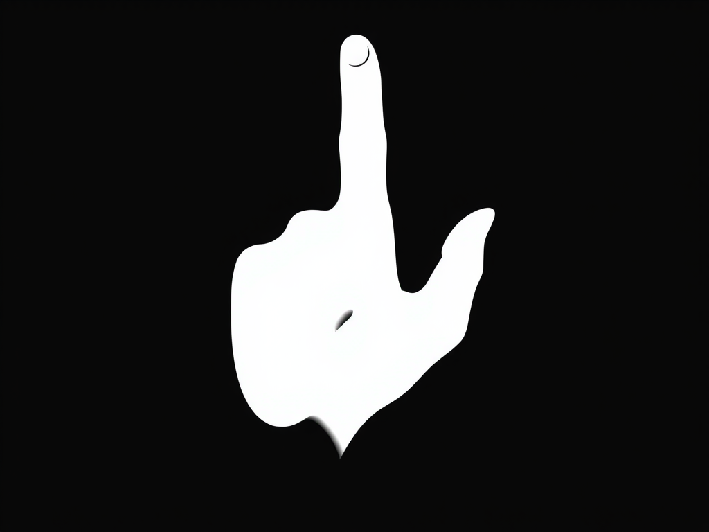 create a minimalist graphic design featuring a white hand silhouette on a black background, focusing on the index finger pointing upwards, use a high-resolution setting of 300 DPI, capture from a frontal view using a digital camera style with a 50mm lens at f/2.8 aperture, ensure sharp contrast and clarity in the image.