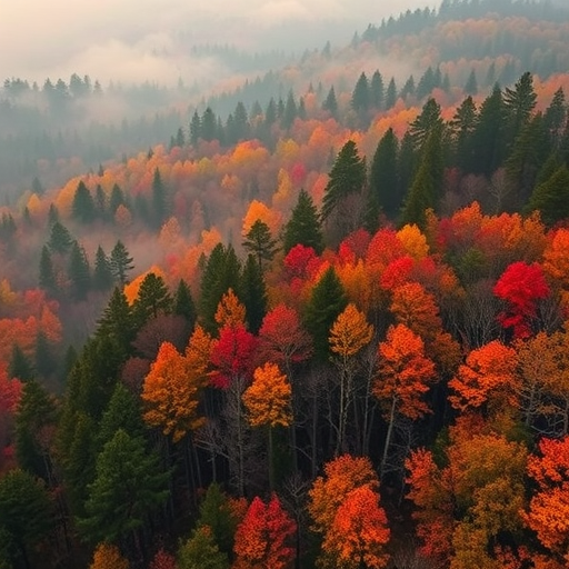capture a dense forest during early morning fog with vibrant autumn colors and soft light, using a wide-angle lens at f/8, ISO 200, shutter speed 1/125 seconds, shot from a high vantage point with a DSLR camera