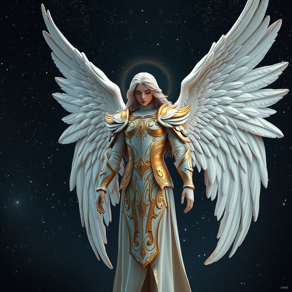 Create an image of a majestic angel with detailed white and gold armor, large wings spread, standing against a cosmic background filled with stars and galaxies, using a Canon EOS R5, 50mm lens, f/1.4 aperture, ISO 100, and a soft focus to enhance ethereal quality.