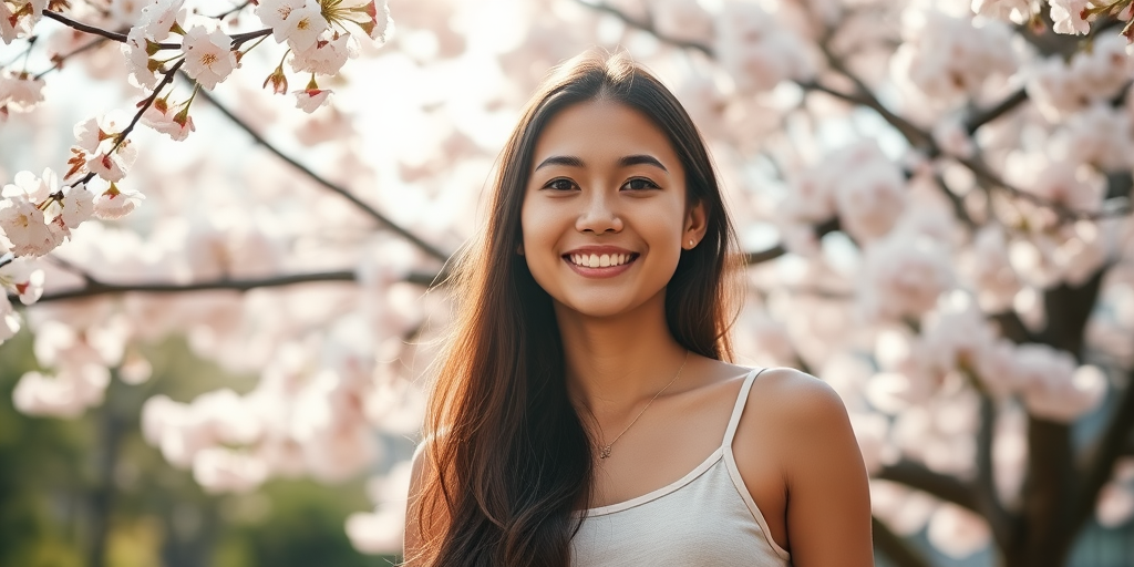 a young woman with long hair smiling in a blooming cherry blossom tree setting, wearing a light tank top, sunlight filtering through the branches, spring atmosphere