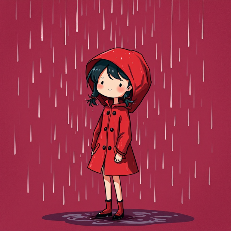 Create a whimsical illustration of a girl in a red raincoat standing in the rain, with a textured maroon background, using a digital art style, with a focus on vibrant colors and detailed line work, emulate a DSLR camera with a 50mm lens, aperture set to f/2.8, and a slightly blurred background to enhance the subject focus.
