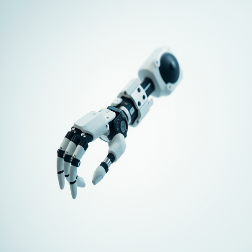 Create a high-resolution image of a robotic arm in a minimalist design, with a soft focus background, using a DSLR camera with a 50mm lens, aperture set to f/2.8, ISO 100, and a shutter speed of 1/125s, captured from a slightly elevated angle to highlight the mechanical details and contours.