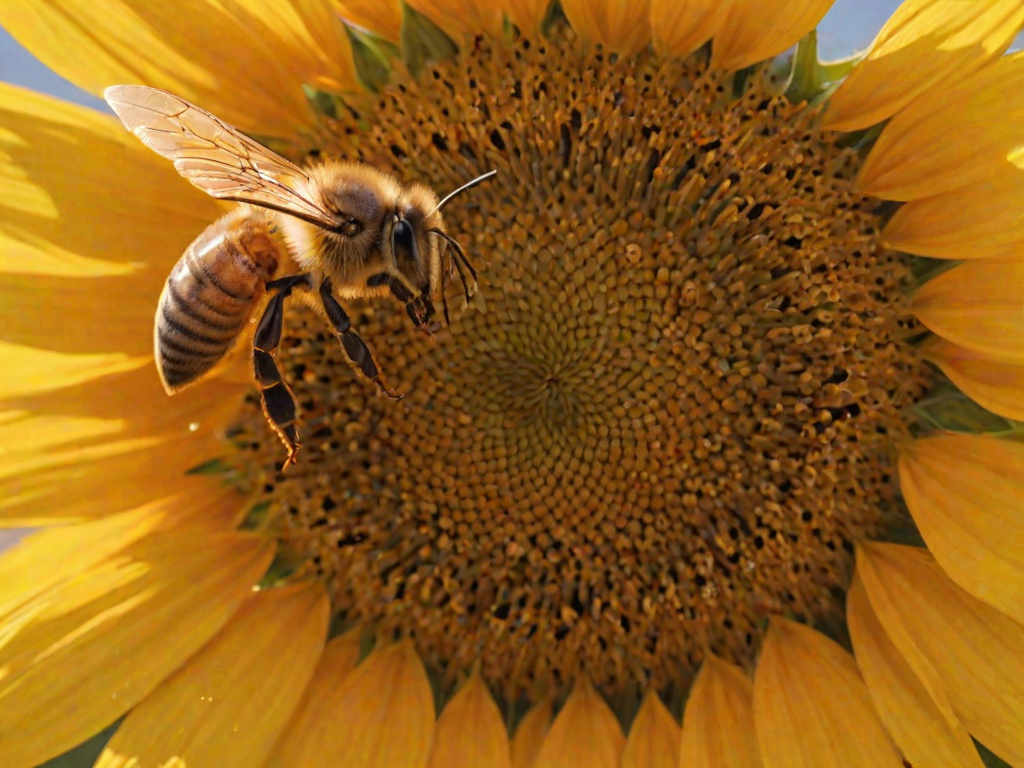Sharp, high-resolution close-up of a honeybee collecting nectar from a sunflower, soft sunlight reflecting off the petals, tiny details of the bee's wings visible, and the smell of fresh blooms filling the air.
