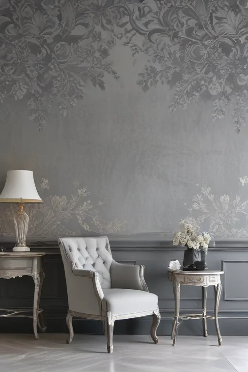 Elegant Living Room with Gray Floral Wallpaper and Classic Furniture Decor.