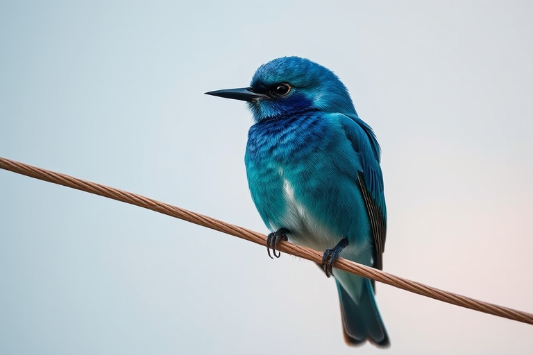 Capture a close-up of a vibrant blue bird perched on a wire with a soft sky background, using a Canon EOS R5 with an RF 85mm f/1.2L lens at f/2.8, ISO 200, shutter speed 1/2000s, in natural light for enhanced detail and clarity.