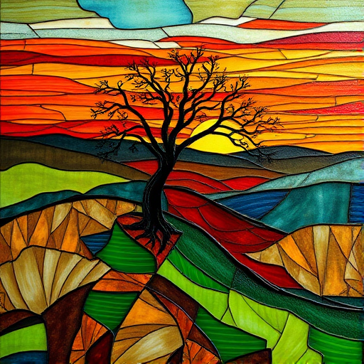 A vibrant abstract painting on Tiffany Glass, blending acrylic and alcohol ink techniques, captures a dramatic sunset over rolling hills. The artwork features a textured, rocky foreground in green and brown, layered abstract hills, and a striking sunset in rich oranges, yellows, and reds. A solitary black tree with intricate branches contrasts against the fiery sky, creating a dynamic and expressive portrayal of a breathtaking natural scene.