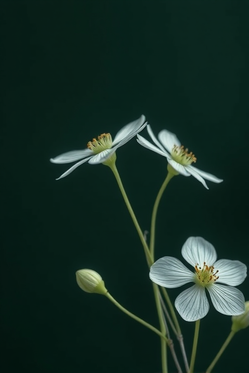 Create a minimalist botanical illustration of delicate flowers with fine lines, set against a dark green background, using a Canon EOS R5 with a 50mm lens at f/2.8, ISO 100, and a shallow depth of field for enhanced detail and clarity.