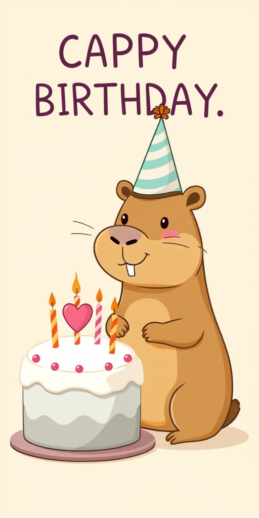 Cute cartoon capybara wearing a party hat sitting next to a birthday cake with candles and a heart symbol, pastel background with text that says CAPPY BIRTHDAY.
