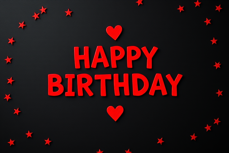 Create an image of a birthday greeting with bold red text saying "HAPPY BIRTHDAY" framed with a heart, surrounded by small red stars on a black background, shot with a DSLR camera, aperture f/2.8, ISO 100, 50mm lens, top-down view, vibrant color profile.
