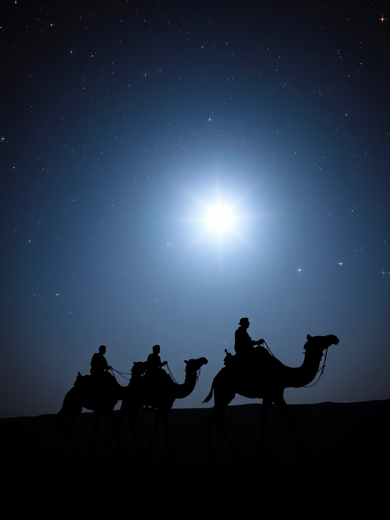 Create a silhouette image of three camels with riders traveling under a starry night sky, featuring a large bright star, captured with a Canon EOS R5 at f/2.8, ISO 800, 50mm lens, with a wide-angle view and high contrast.