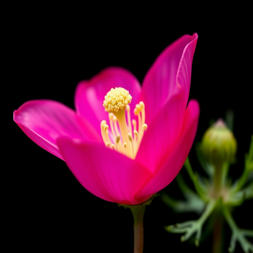 Close-up of a vibrant pink anemone flower on a black background, 50mm lens, f/2.8 aperture, 1/200s shutter speed, ISO 100, DSLR camera, soft natural lighting, high detail, macro photography style.