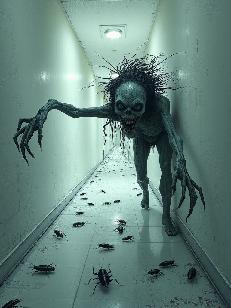 a crooked female with long arms and a creepy smile is crawling along a long white corridor and you can also see cockroaches in it there is a creepy atmosphere creepy art style
