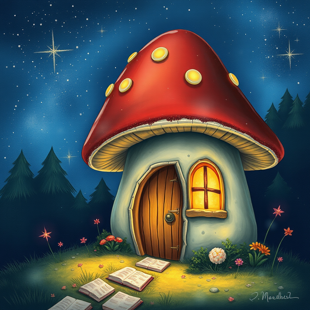 this picture is illustration of a mushroom house with a door and a window, a storybook , fantasy art, mushroom house, bg starry sky, sparkles