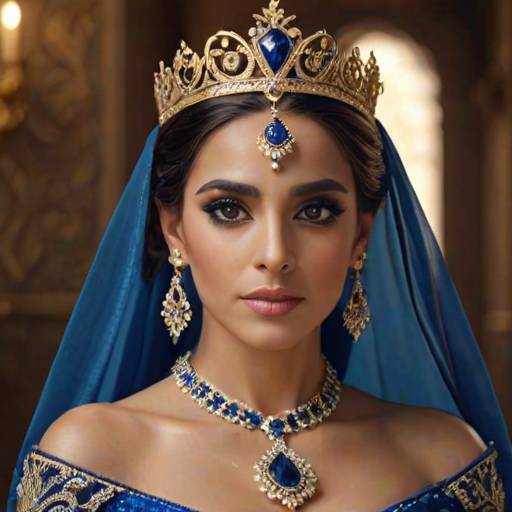 A gorgeous Coptic woman in a luxurious blue gown, accessorized with a dazzling tiara and statement earrings, her deep Yellow eyes highlighted by impeccable makeup, poised in a royal setting, photorealistic, 8K quality