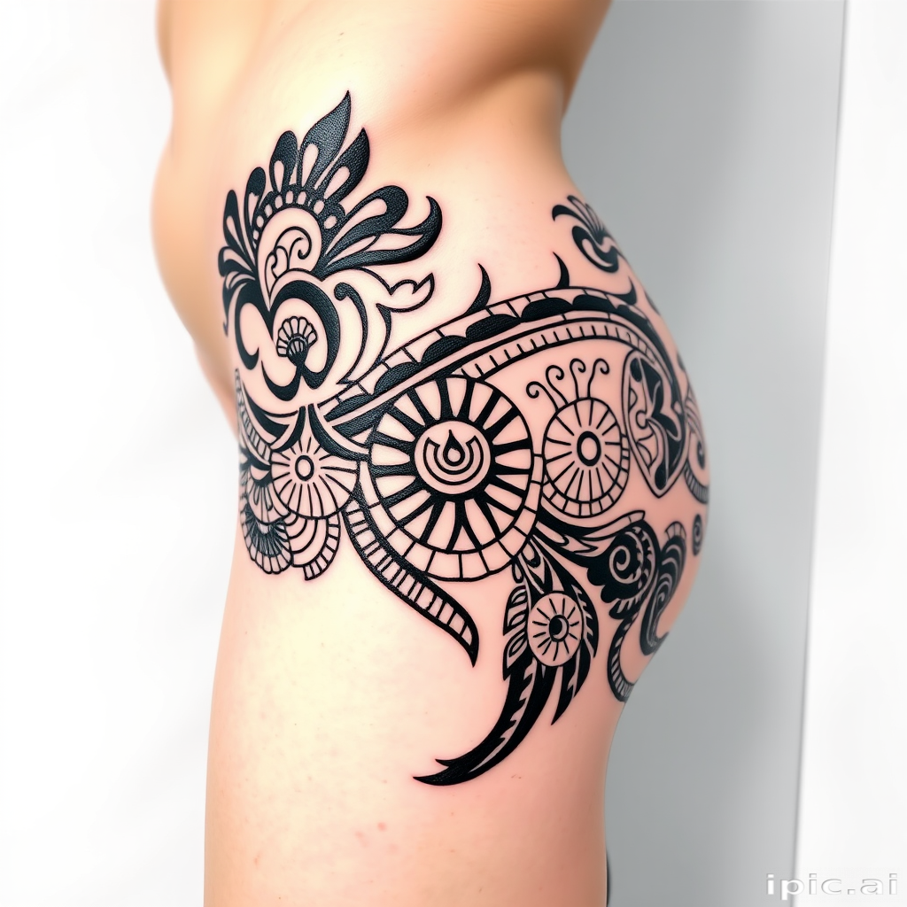Elaborate Polynesian tribal tattoo extending from hip to ankle, showcasing intricate cultural patterns and symbols in bold black ink with negative space