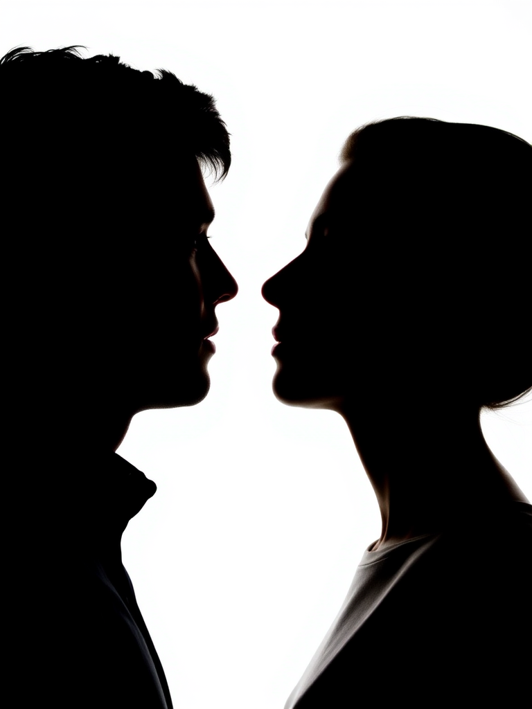 Create a high-contrast silhouette image of two human profiles facing each other against a clean white background, using a shallow depth of field with a 50mm lens at f/1.8, shot from eye level with a DSLR camera to enhance the sharpness and clarity.