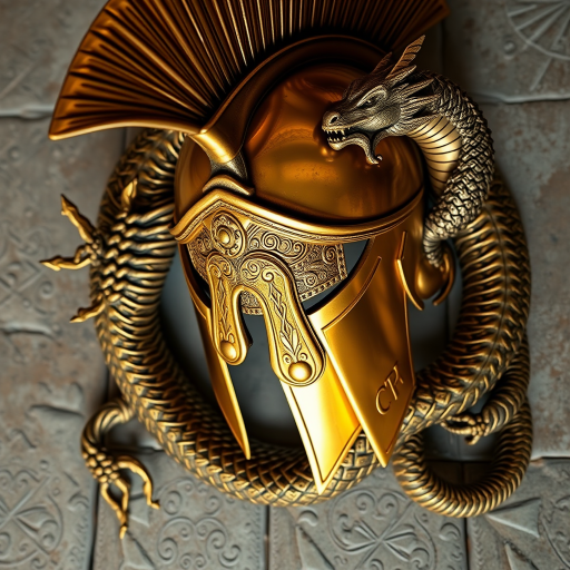 create a highly detailed image of a golden Spartan helmet entwined with a dragon, with intricate Celtic patterns, shot with a Canon EOS R5, 50mm f/1.8 lens, aperture set to f/2.8, ISO 100, and a top-down view with soft lighting for enhanced contrasts.