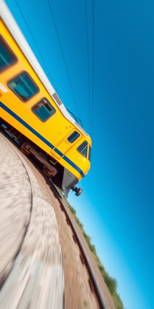 A vibrant yellow train speeding along curved tracks under a clear blue sky, captured with a DSLR camera at ISO 200, f/8 aperture, 1/500 second shutter speed, wide-angle view for a dynamic perspective, emphasizing motion and detail in the surroundings.