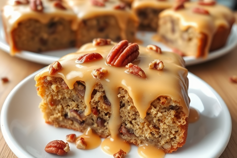 A delicious slice of pecan pie cake topped with a creamy caramel glaze and sprinkled with chopped pecans served on a white plate with additional slices in the background on a wooden table.