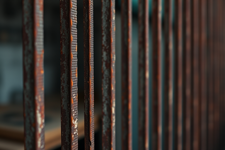create an image of vertical rusty metal bars with a blurred background, emphasizing texture and depth.